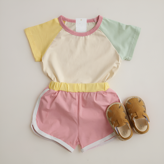 Baby Contrast Sleeves T Shirt And Shorts Set