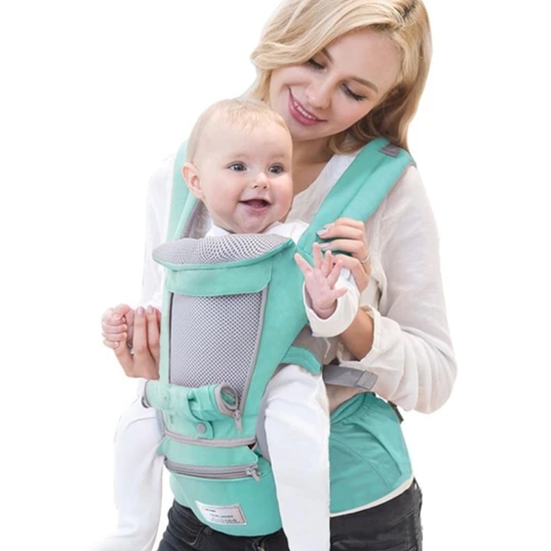Mother carrying baby on baby carrier.